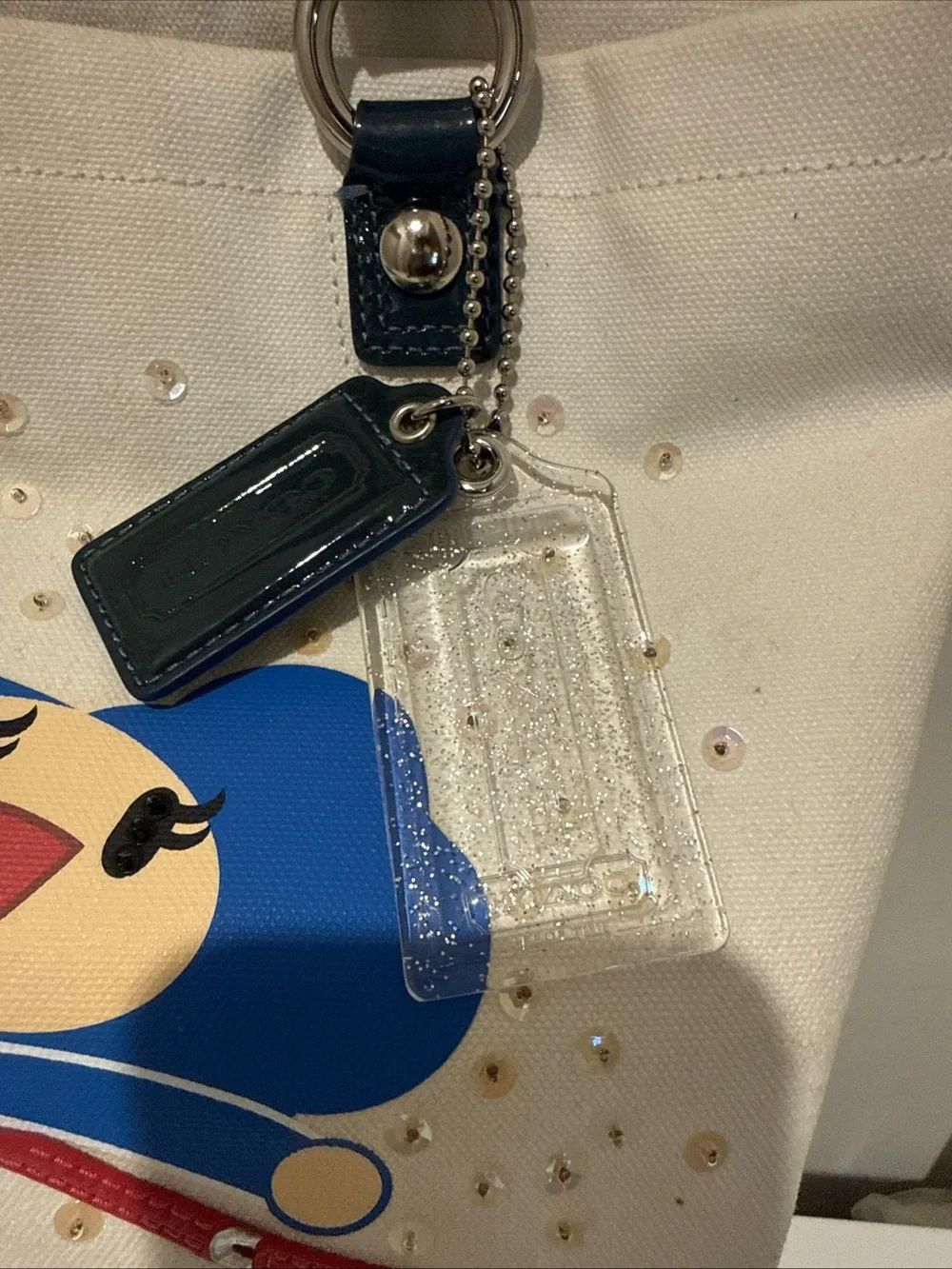 Coach Cream Canvas Tote with Blueberry Print & Navy Handles